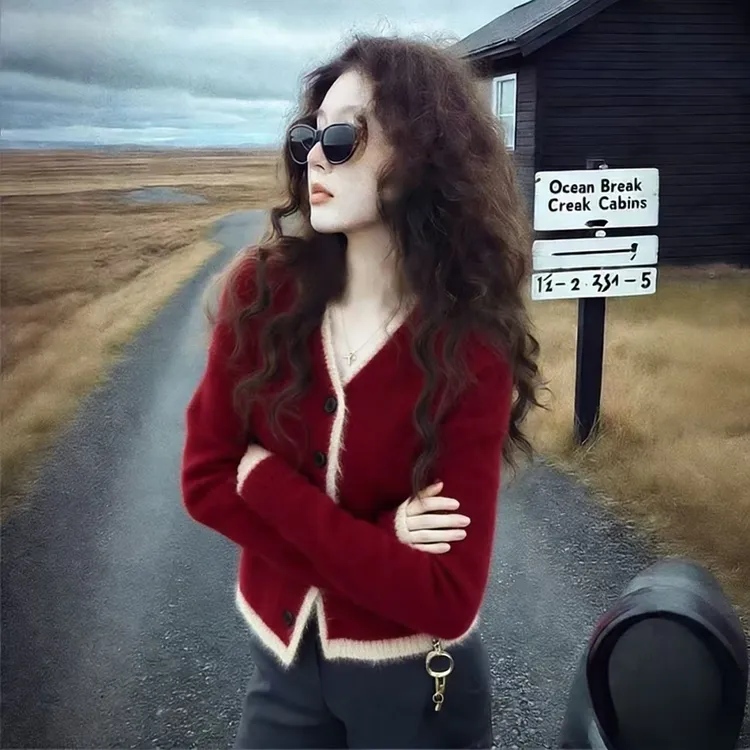 韩系高级感慵懒风V领单排扣长袖女2025冬季新款宽松简约气质上衣