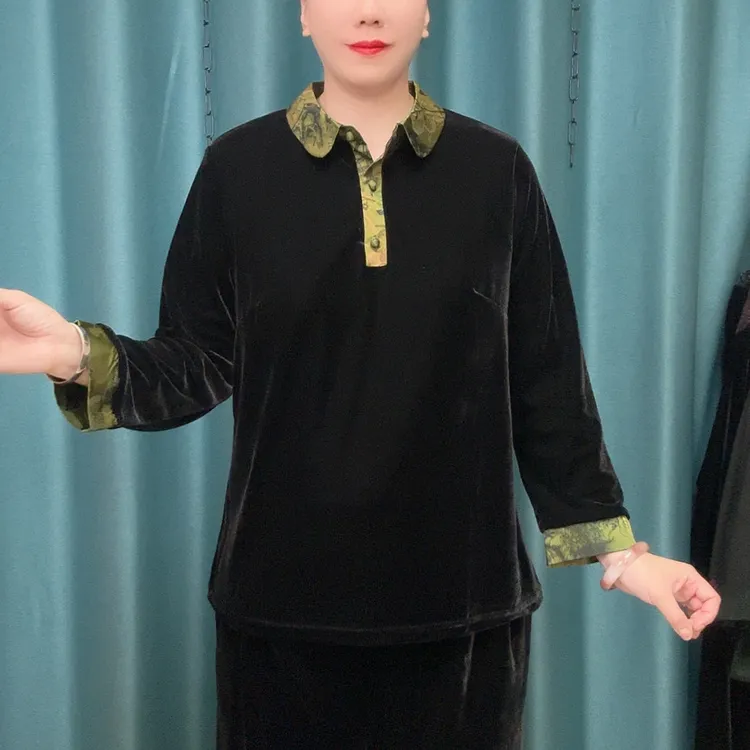 秋冬新款翻领丝绒百搭宽松妈妈小衫上衣