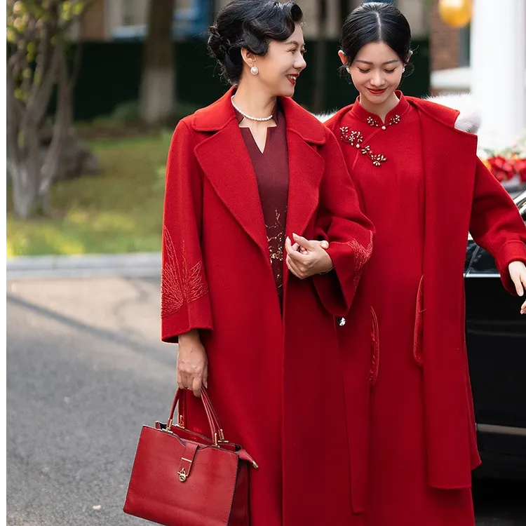 喜婆婆婚宴礼服红色羊毛呢子大衣外套高端上档次妈妈装婚礼酒红色