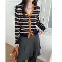 秋季韩版小南瓜刺绣条纹撞色针织衫V领开衫百搭宽松上衣女1309