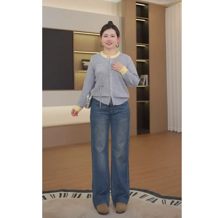 单裤-芳芳微胖定制-秋季热卖松紧腰直筒牛仔裤女设计款女装F3080