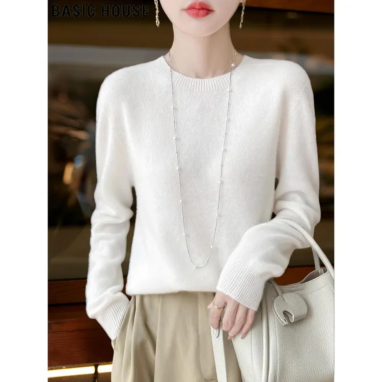 Basic House/百家好白色100%羊毛圆领针织衫女2025秋冬打底衫毛衣