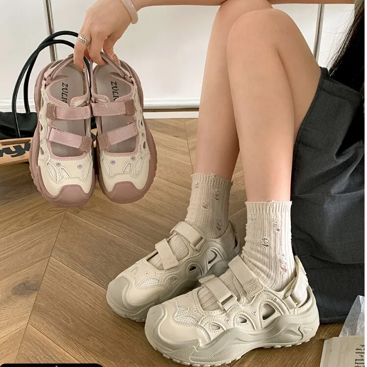 MK&DK白色增高厚底包头运动凉鞋女款2025新款夏季休闲老爹鞋子