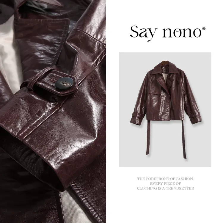 懒猫nono│Saynono 可脱卸腰带特色蜡感女士牛皮真皮皮衣/HY251571