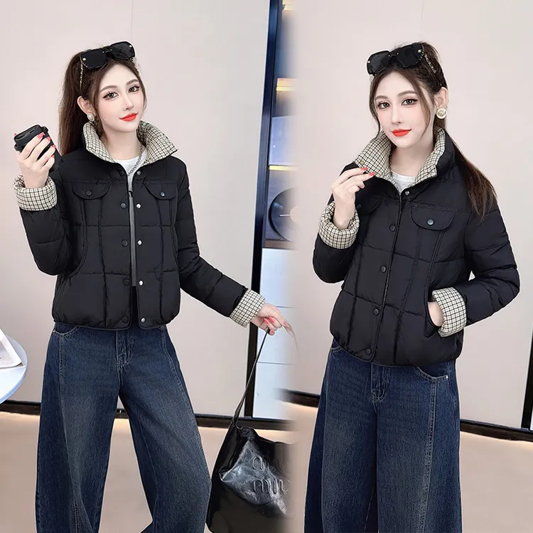 时尚格子拼接短款棉服女2025冬季新款保暖显瘦棉衣外套洋气小棉袄