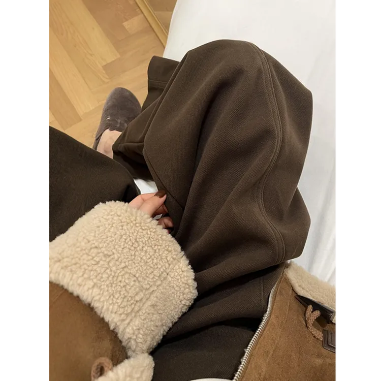 大码美拉德棕色毛呢阔腿裤子女2025新款冬加厚加绒休闲运动梧桐裤