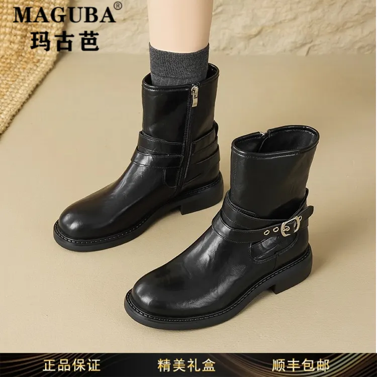 玛古芭女鞋秋季新款厚底防滑英伦风马丁靴女款时尚皮带扣百搭短靴