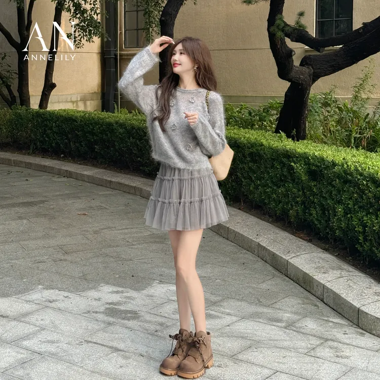 ANNELILY安琪琪【小糯】新款上新休闲百搭重工针织毛衣AM2509034