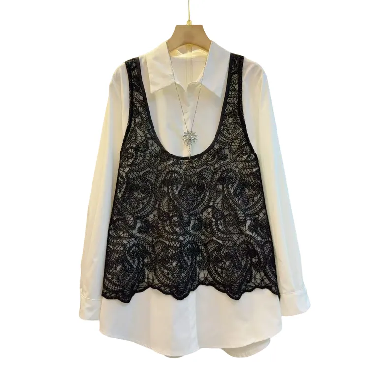 春季新款大码蕾丝印花镂空气质上衣马甲两件套（长71左右）