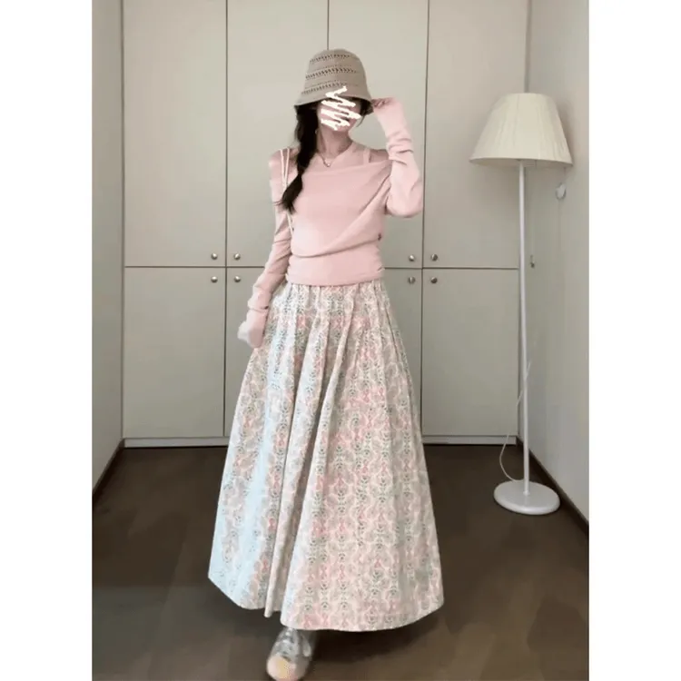 2025春季新款女法式设计感露肩修身针织上衣高腰显瘦印花半身裙