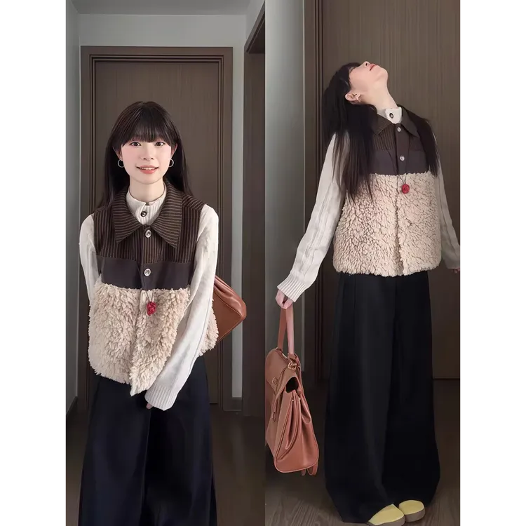 立领麻花针织上衣女秋季新款格子拼接毛绒撞色马甲套装 6995仟
