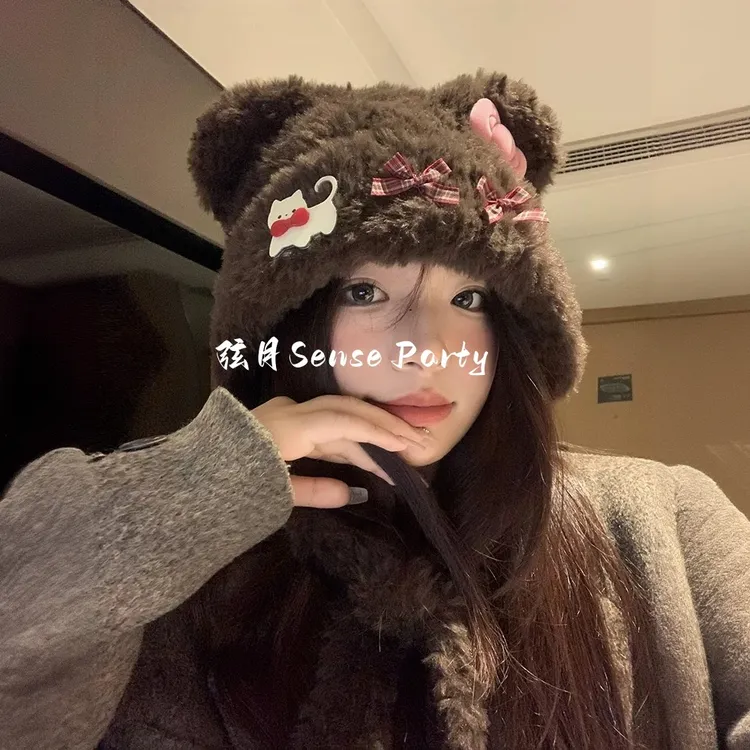 弦月可爱小熊耳朵猫咪蝴蝶结毛绒帽女秋冬季保暖护耳雷锋帽显脸小