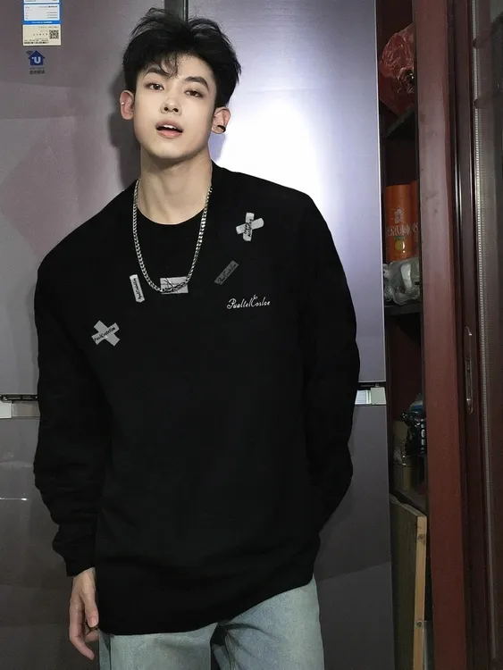 美式高街设计感t恤男长袖秋冬季复古潮流宽松圆领上衣内搭打底衫