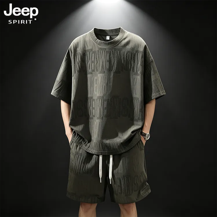 JEEPSPIRIT吉普套装男士夏季新款时尚百搭简约两件套宽松休闲上衣