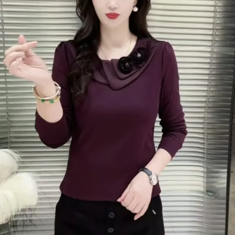 850款 秋款韩版高档二朵花圆领拼接洋气百搭显瘦女士长袖上衣