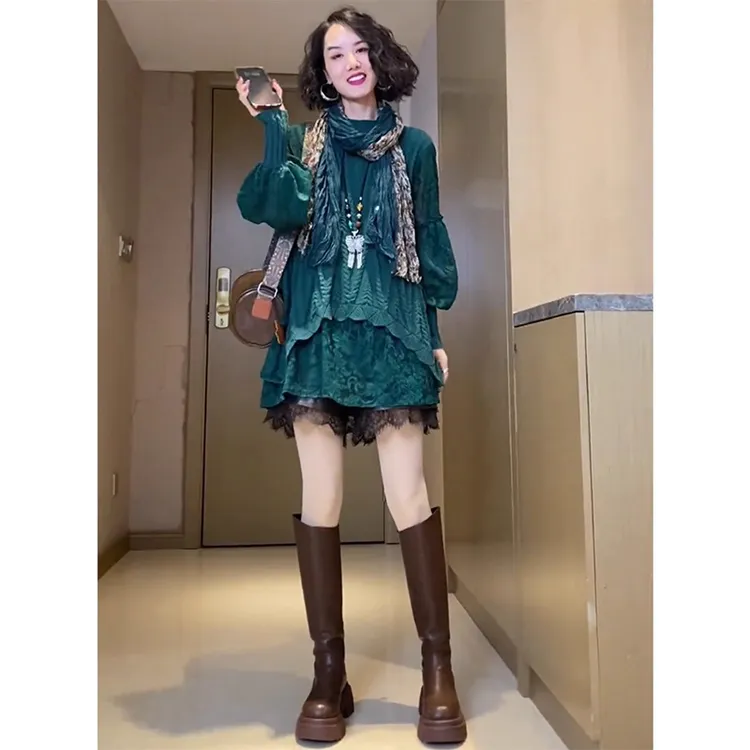 欧洲站2025秋冬新款气质宽松拼接蕾丝中长款毛衣百搭减龄针织衫潮