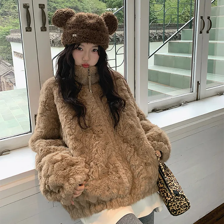 2025秋冬季新款仿羊羔毛皮草立领外套女超好看毛绒宽松加厚拉链