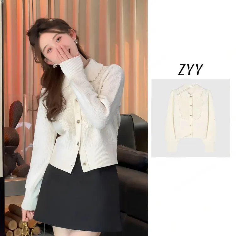 ZYY【次日清晨】2024S/S新品娃娃领花边蕾丝精致毛针织衫X24DZ1268