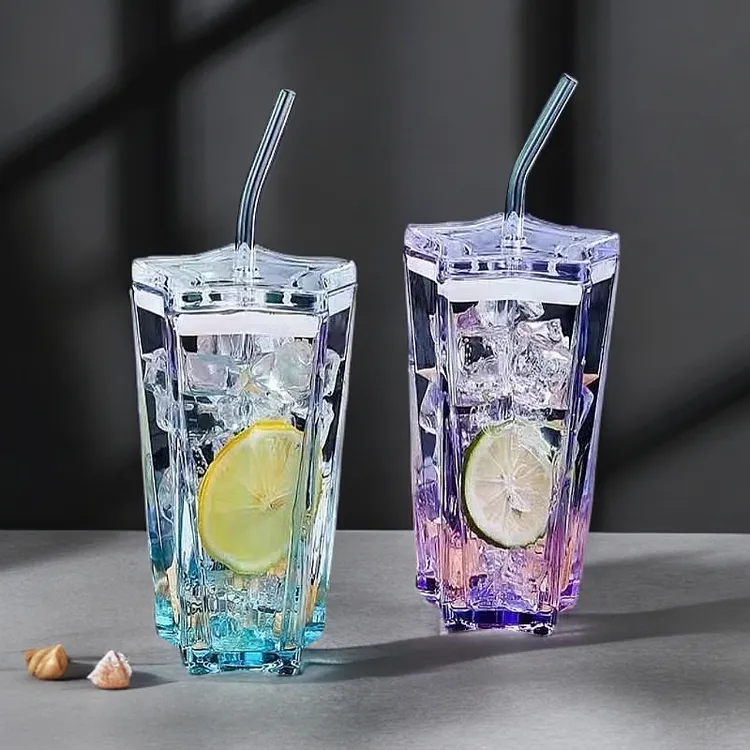 【两只装】吸管杯高颜值玻璃杯彩色渐变冷饮杯子带盖咖啡杯*喝水杯