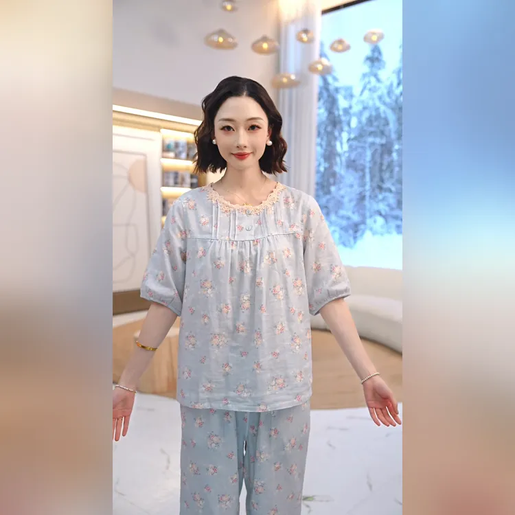 秋鹿春夏新款双层纱印花圆领五分袖九分裤女套印花宽松中袖时尚