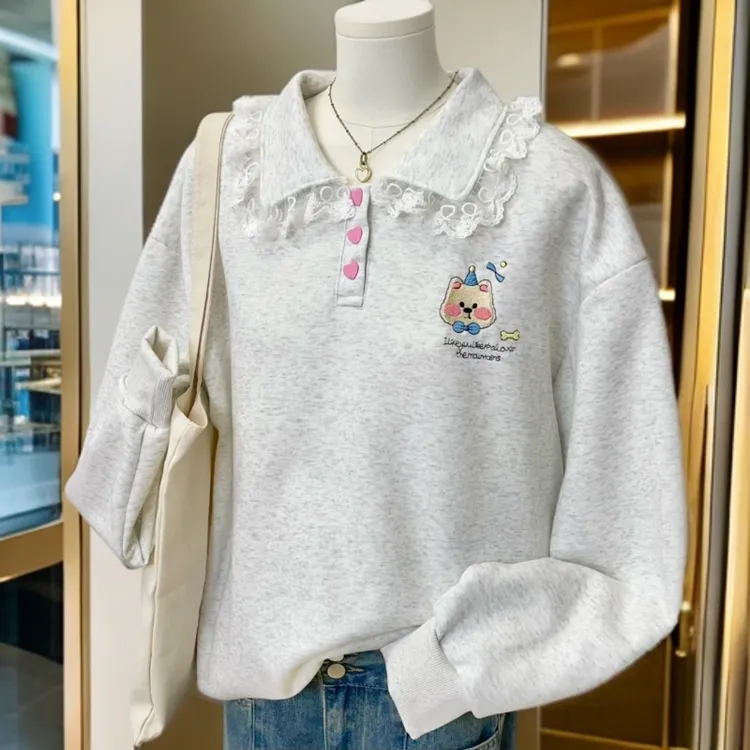 日系大码洋气百搭蕾丝拼接宽松卫衣女加绒胖mm休闲减龄时尚上衣