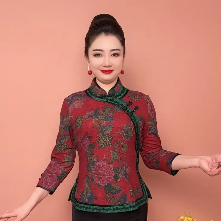 盘扣偏襟旗袍衫上衣春秋中老年妈妈复古时尚百搭打底衫女