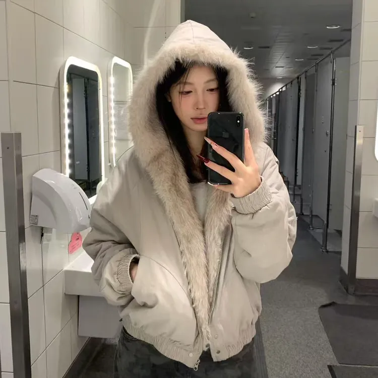 超好看座山雕毛绒连帽棉服女2025冬季美式oversize高级感加厚棉衣