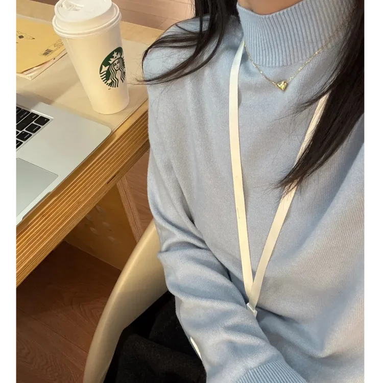 韩系蓝色半高领针织打底衫女2025秋冬新款内搭叠穿宽松显瘦上衣