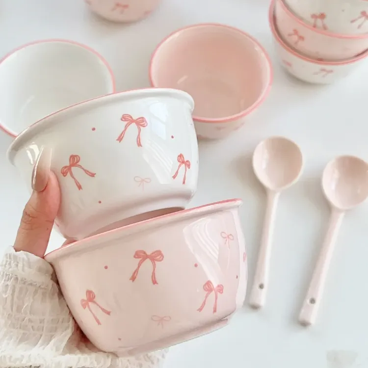 【蝴蝶结系列碗陶瓷勺】高颜值米饭碗可爱少女家用餐具甜品碗粉色