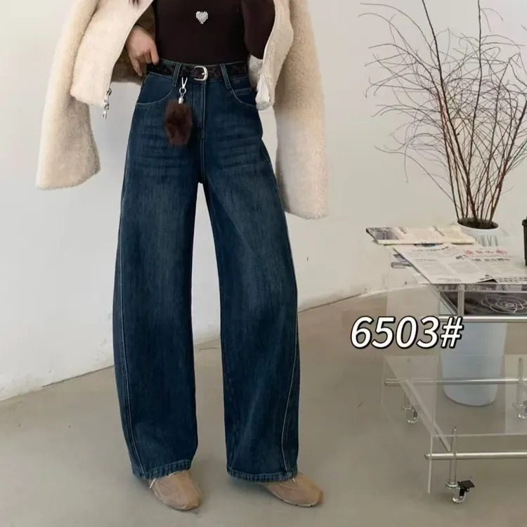 6502-6503冬季新款显瘦【植绒】百搭宽松阔腿弯刀牛仔裤