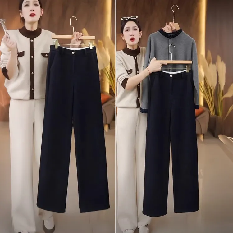 醋酸羊毛裤子女秋冬阔腿裤宽松慵懒风垂感显瘦休闲裤窄版直筒长裤