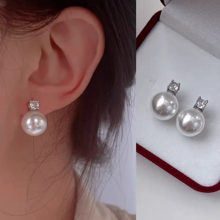合金耳饰 白色正圆耳钉无暇戴妃款高级简约小众设计感