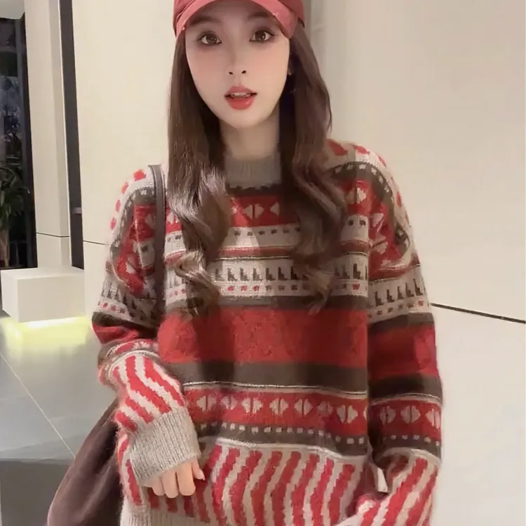 韩系复古提花费尔岛毛衣女秋冬新款慵懒风宽松打底针织衫