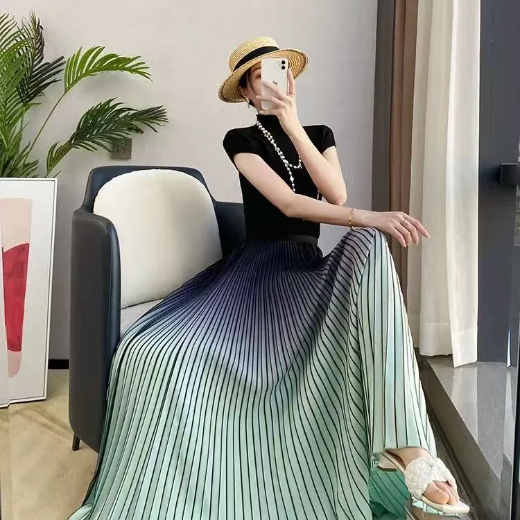 春秋秋季半身裙条纹垂感高腰休闲百搭渐变百褶褶皱