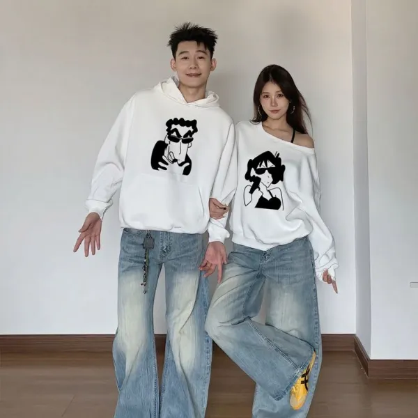 情侣装卫衣秋冬季新款一男一女斜肩纯棉卫衣宽松韩版潮流情侣卫衣