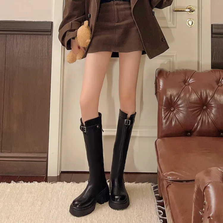 增高厚底靴子女平口秋冬新款黑色长筒靴V口百搭显瘦长靴高筒靴子