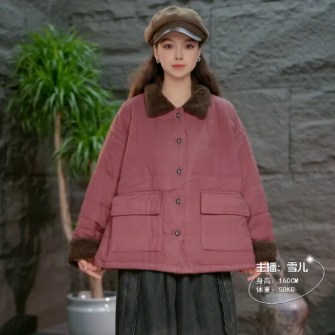 【小翻领加厚棉服】纯色棉衣文艺立领保暖加绒厚款女落肩袖