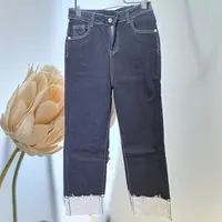 T37翻边秋季丹宁风牛仔裤修身直筒高腰小脚
