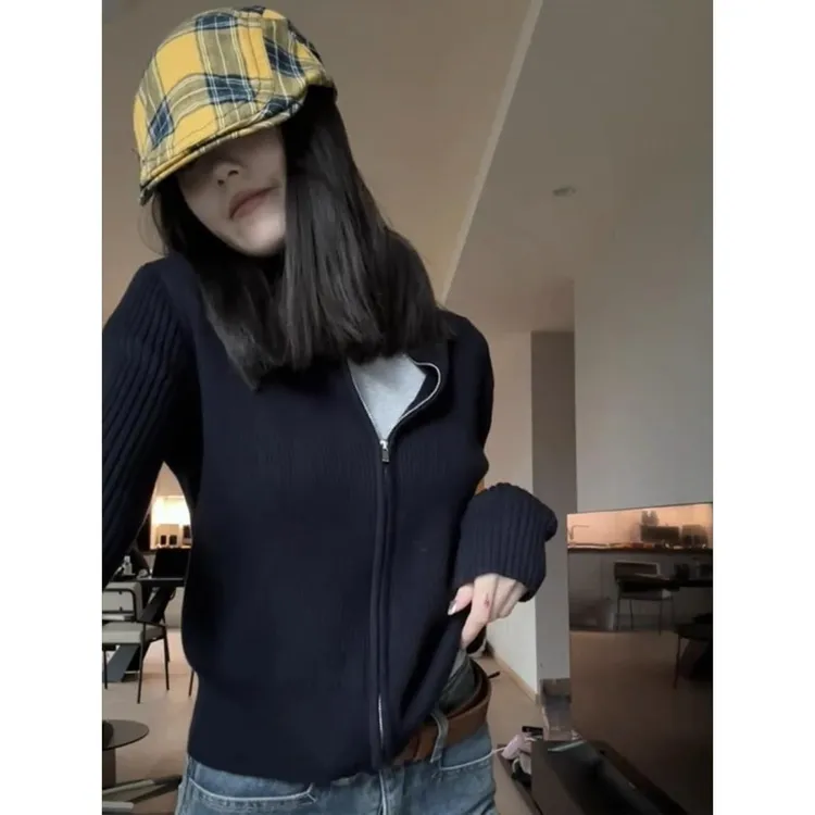 早秋修身显瘦立领长袖毛衣美式复古黑色拉链针织开衫外套上衣女