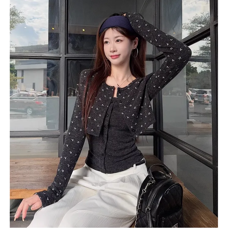 甜美风碎花长袖针织开衫外套女装秋季内搭背心吊带两件套法式修身