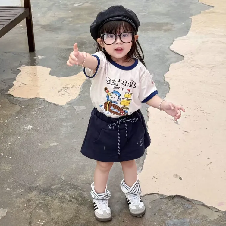 2025夏季新款女宝套装基础日常休闲百搭卡通短袖T恤抽绳半裙套装