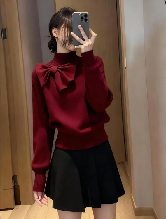 轻熟风气质半高领针织衫女2025秋冬新款巨好看蝴蝶结内搭软糯毛衣