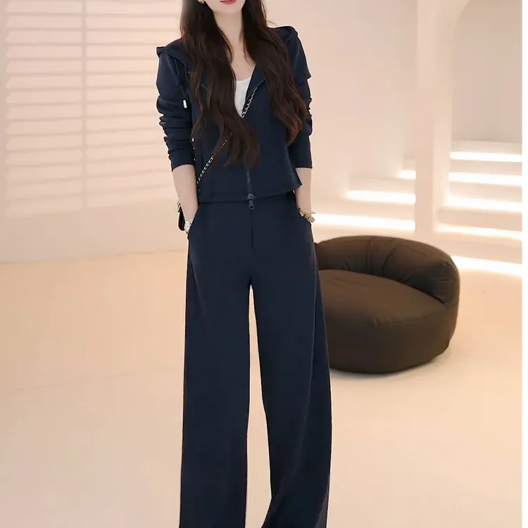 欧货休闲运动套装女2025春秋新款洋气减龄连帽拉链开衫长裤两件套