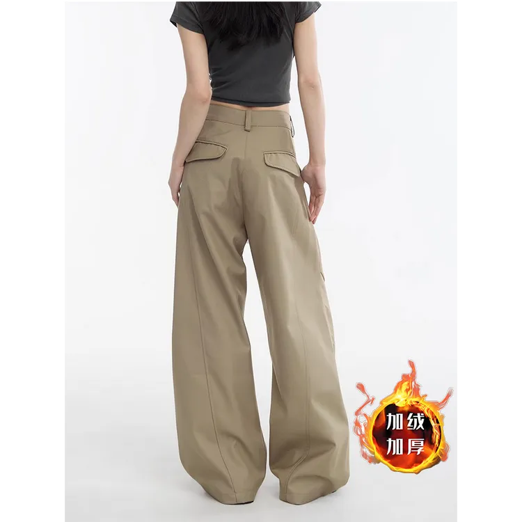美式卡其色工装口袋阔腿裤2025秋冬新款西装裤女宽松弯刀休闲裤子