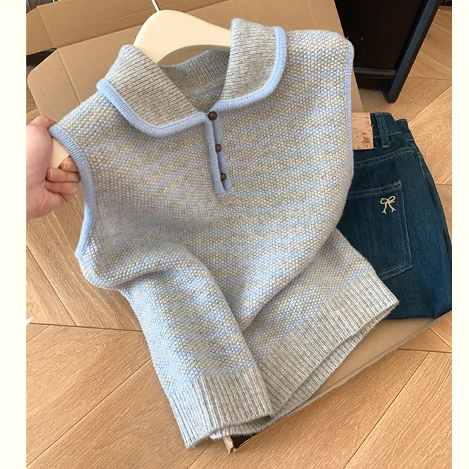 条纹polo领马夹针织无袖坎肩背心女士早秋2025新款外搭叠穿小上衣