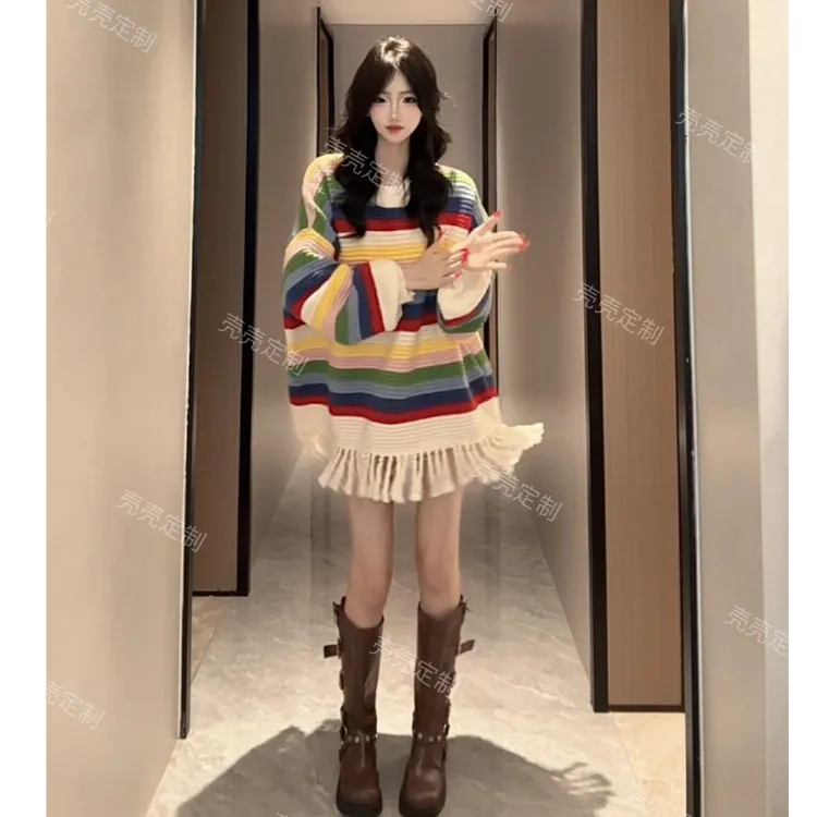 设计感条纹流苏针织衫韩版套头毛衣百搭宽松慵懒风彩虹长袖上衣女