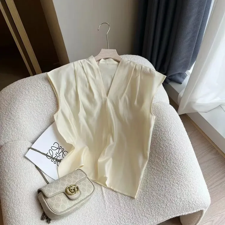 【黎诗梵】5509款法式高级感V领无袖衬衫显瘦百搭上衣 衣约56