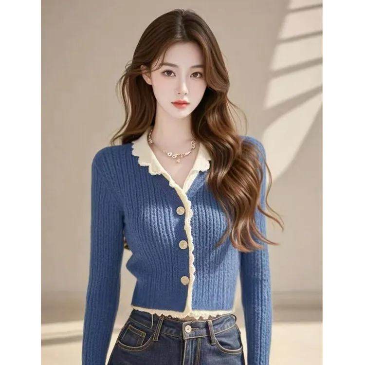 蓝色针织衫女2025新款秋高级感爆款短款毛衣长袖上衣打底衫