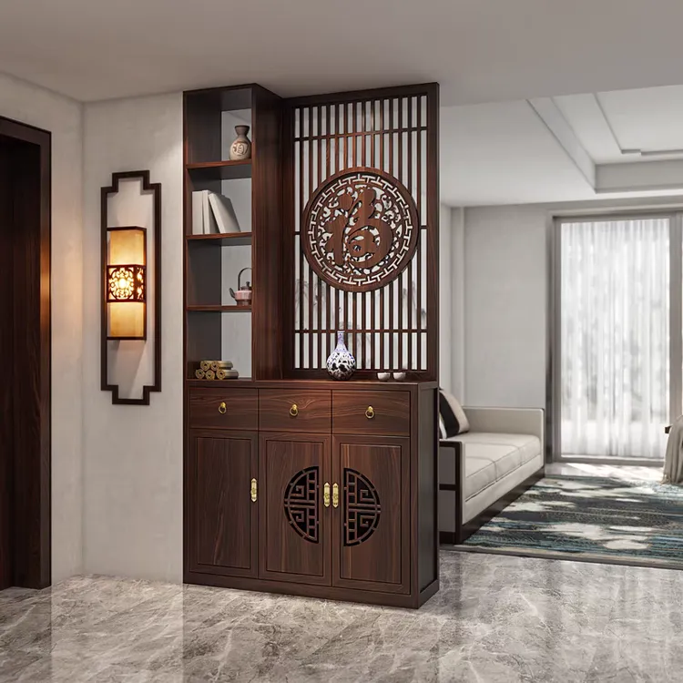 新中式屏风隔断入户正对门福字乌金木客厅鞋柜实木镂空定制玄关柜