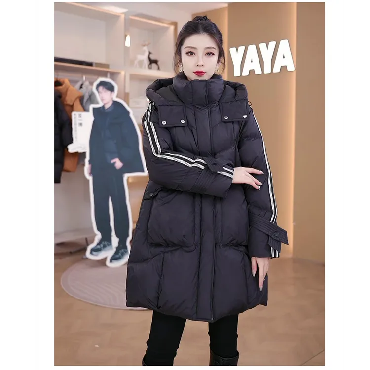 YAYA/鸭鸭羽绒服女中长款连帽休闲宽松大口袋时尚加厚保暖外套